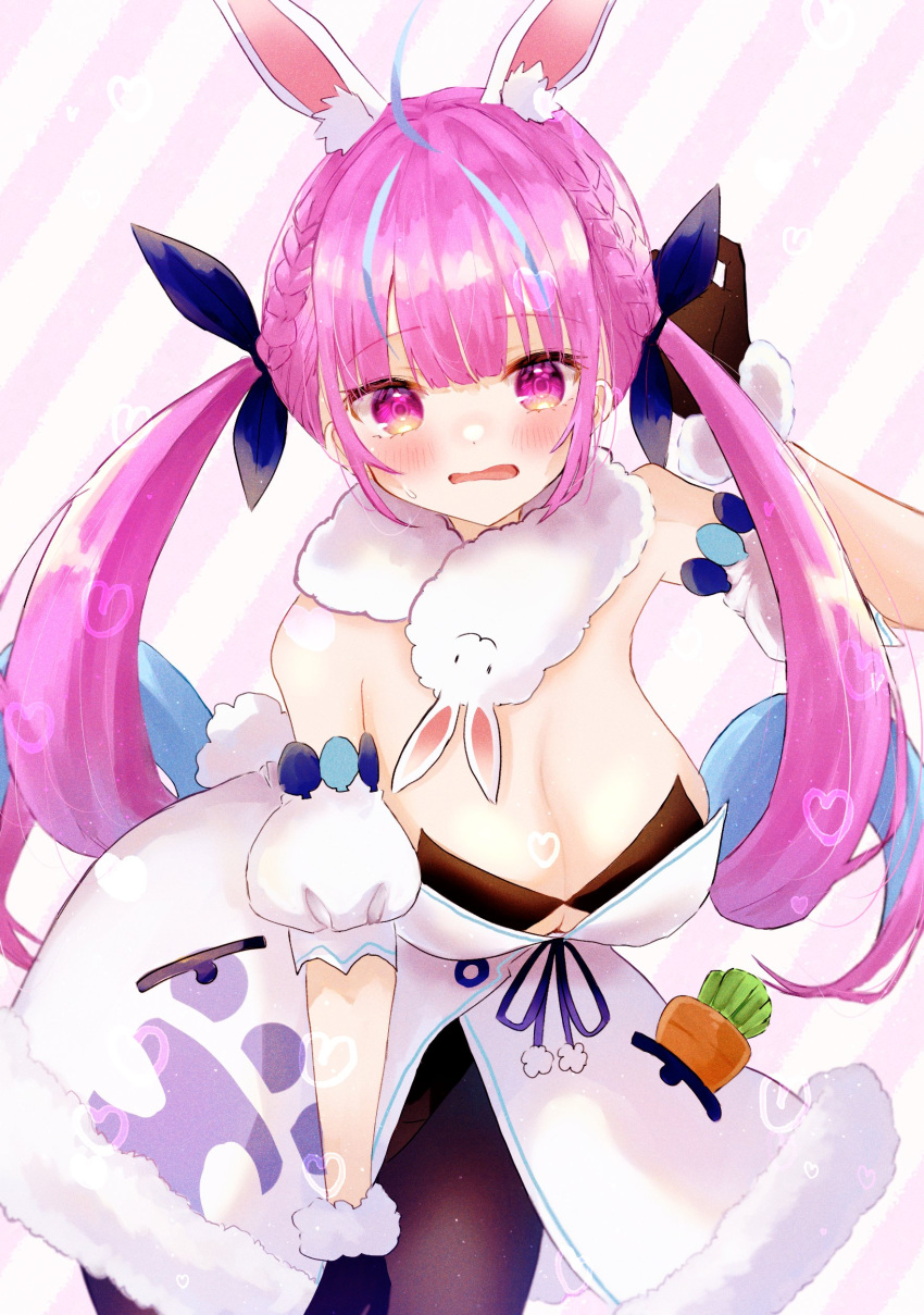 1girl absurdres ahoge animal_ear_fluff animal_ears arm_cuffs blue_hair blue_ribbon braid breasts carrot coat_dress colored_inner_hair cosplay don-chan_(usada_pekora) frilled_sailor_collar frills fur-trimmed_gloves fur_scarf fur_trim gloves highres hololive large_breasts minato_aqua mochiko_(mocchikkoo) multicolored_hair open_mouth purple_eyes rabbit_ears rabbit_girl ribbon sailor_collar streaked_hair two-tone_hair usada_pekora usada_pekora_(1st_costume) usada_pekora_(cosplay) virtual_youtuber