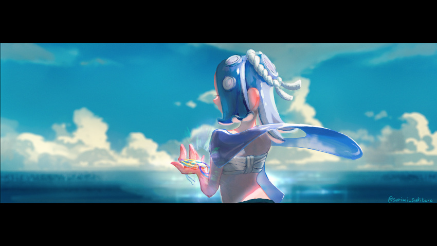 1girl absurdres blue_hair blue_sky blurry blurry_background chest_sarashi cloud couldoh day from_behind highres holding horizon ocean octarian outdoors sarashi shiver_(splatoon) sky solo splatoon_(series) splatoon_3 suction_cups tentacle_hair