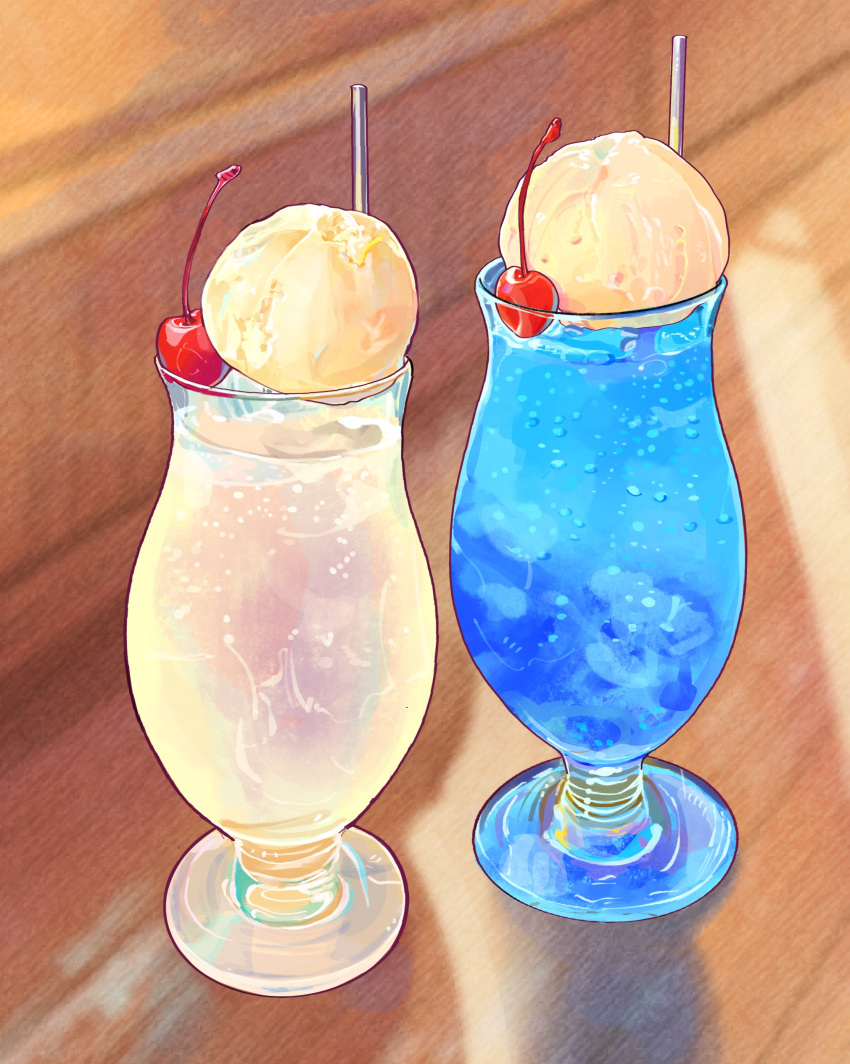 absurdres blue_hawaii cherry cup drink drinking_glass drinking_straw food food_focus fruit highres ice_cream ice_cream_float indoors miri_illust no_humans original soda table