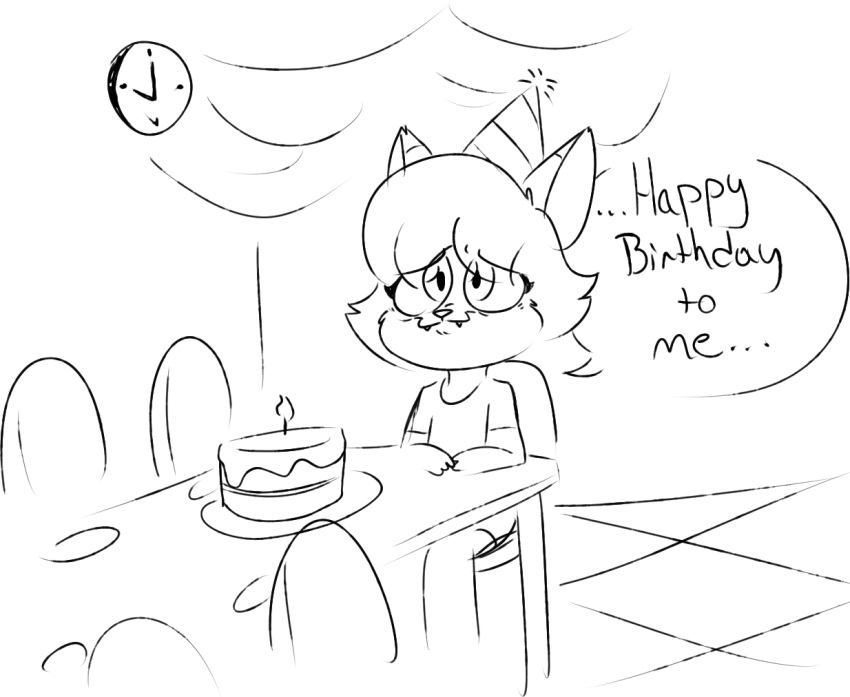 2017 analog_clock anthro big_eyes biped birthday birthday_cake birthday_candle birthday_hat birthday_party black_and_white black_text bottomwear cake candle chair cheek_tuft clock clothed clothed_anthro clothed_male clothing cute_fangs dessert digital_drawing_(artwork) digital_media_(artwork) dipstick_ears ears_up ellipsis english_text eye_through_hair eyebrow_through_hair eyebrows eyelashes facial_tuft felid feline floor food front_view fur fur_tuft furniture girly glistening glistening_eyes hair kabula_(artist) lit_candle lonely lonely_birthday_party lynx male male_anthro mammal monochrome multicolored_ears on_chair pascal_wattson plate prick_ears pupils sad shirt shorts simple_background sitting sitting_on_chair sketch solo spots spotted_body spotted_cheeks spotted_fur table text tile tile_floor topwear translucent translucent_hair tuft wall_clock white_background