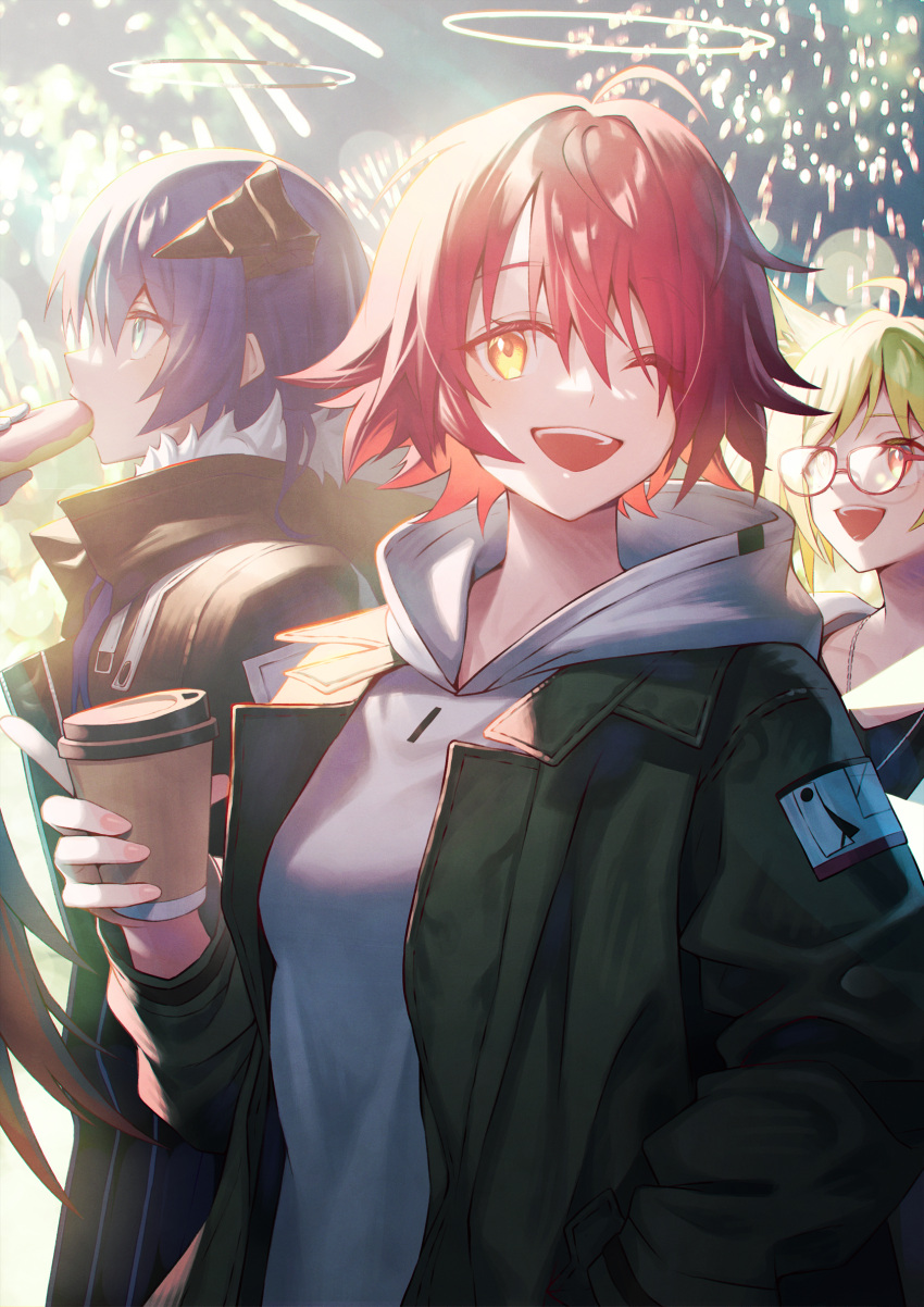 3girls ;d arknights black_coat black_jacket blue_hair coat cup disposable_cup eating exusiai_(arknights) glasses green_hair grey_hoodie halo highres holding holding_cup hood hood_down hoodie horns jacket looking_at_viewer mostima_(arknights) multiple_girls one_eye_closed red_hair sho_(sumika) short_hair smile