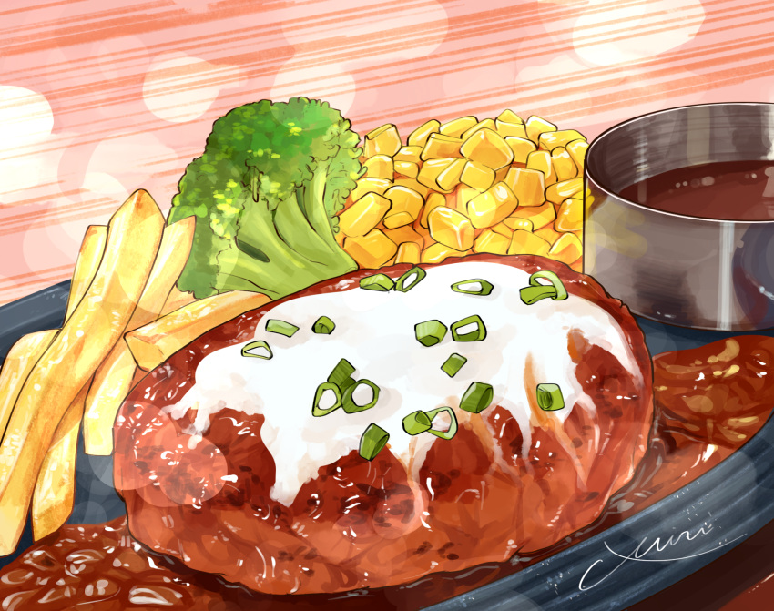 broccoli corn food food_focus french_fries gravy hamburger_steak highres miri_illust no_humans original plate vegetable