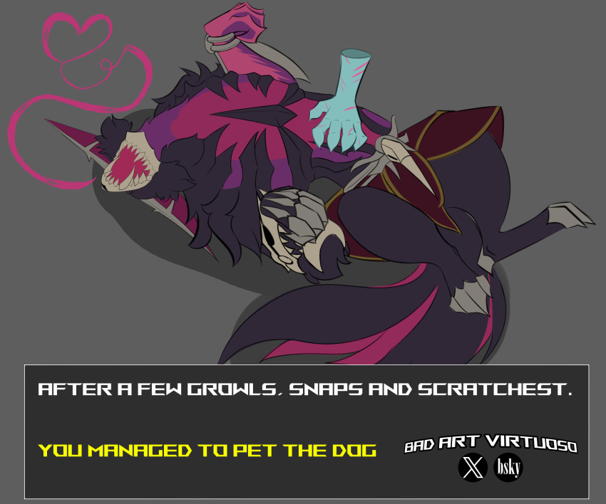 anthro badartvirtuoso bone canid claws hi_res league_of_legends male mammal petting petting_belly purple_body riot_games scratches simple_background text warwick_(lol)
