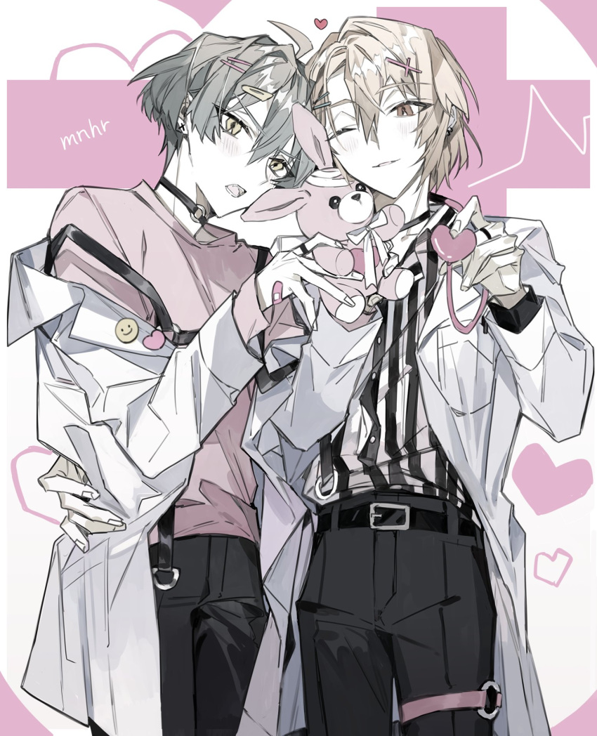 2boys androgynous blonde_hair brown_eyes grey_hair heart highres idolish7 isumi_haruka male_focus multicolored_background multiple_boys natsume_minami one-armed_hug one_eye_closed pink_background smile stuffed_animal stuffed_rabbit stuffed_toy tamotui7 teeth white_background yellow_eyes