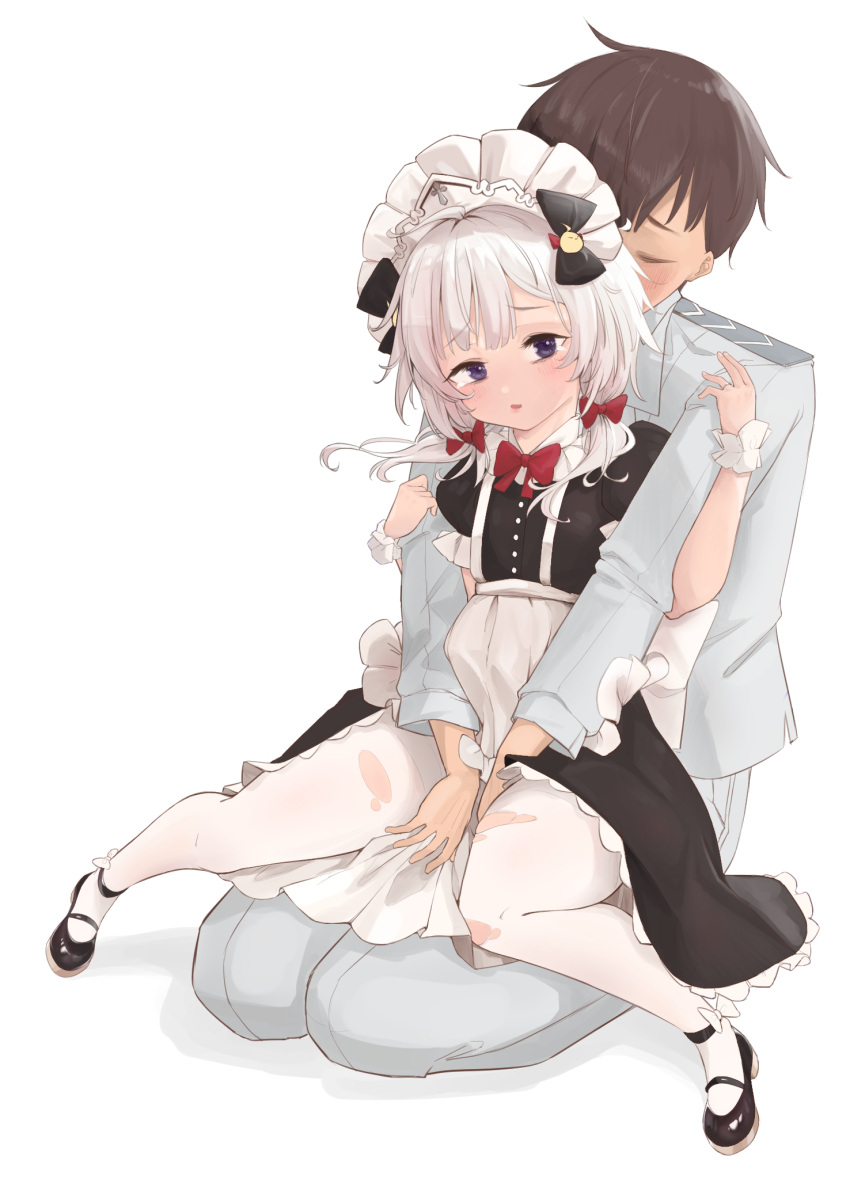 1boy 1girl ahoge alternate_costume apron azur_lane bags_under_eyes black_bow black_dress black_footwear blue_eyes bow bowtie chinese_commentary collared_dress commander_(azur_lane) commentary_request dress enmaided flandre_(azur_lane) grey_hair hair_bow hetero highres jewelry kongge maid maid_apron maid_headdress mary_janes medium_hair pantyhose petticoat puffy_short_sleeves puffy_sleeves red_bow red_bowtie ring seiza shoes short_sleeves simple_background sitting sitting_on_lap sitting_on_person smelling smelling_hair tearing_up thighs torn_clothes torn_pantyhose waist_apron wedding_ring white_background white_pantyhose wrist_cuffs