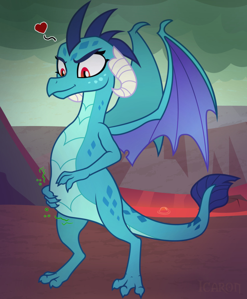 &lt;3 3_toes after_vore belly_rub blue_body blue_scales digestion digestion_noises dragon feet female feral friendship_is_magic frill_(anatomy) hasbro head_crest head_frill hi_res horn icaron lava lava_pool membrane_(anatomy) membranous_wings my_little_pony princess_ember_(mlp) red_eyes rumbling_stomach scales solo story story_at_source story_in_description toes vore wings