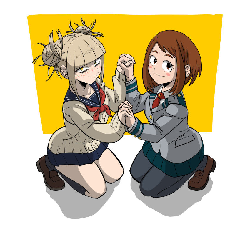 2girls absurdres bags_under_eyes black_pantyhose blonde_hair blue_sailor_collar blunt_bangs blush_stickers boku_no_hero_academia brown_cardigan brown_eyes brown_hair cardigan commentary_request double_bun grey_jacket hair_bun highres holding_hands interlocked_fingers jacket kneeling loafers medium_hair messy_hair miniskirt multiple_girls narrowed_eyes neckerchief necktie pantyhose ponkotsu-kun red_neckerchief red_necktie sailor_collar school_uniform serafuku shoes skirt sleeves_past_wrists toga_himiko u.a._school_uniform uraraka_ochako yellow_eyes