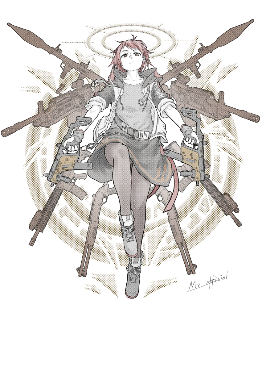 1girl absurdres angel arknights assault_rifle dual_wielding exusiai_(arknights) floating from_below gun halo highres holding jacket kriss_vector leggings light_machine_gun looking_at_viewer mx-nagant open_clothes open_jacket red_hair rifle rocket_launcher rpg-7 rpg_(weapon) shotgun signature solo submachine_gun weapon