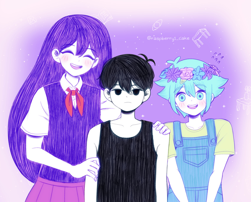 1girl 2boys :d :| ^_^ artist_name basil_(headspace)_(omori) basil_(omori) black_eyes black_sweater black_tank_top blue_hair blue_overalls blush brother_and_sister closed_eyes closed_mouth hand_on_another's_arm hand_on_another's_shoulder head_wreath highres looking_at_viewer mari_(headspace)_(omori) mari_(omori) multiple_boys neckerchief omori omori_(omori) overalls pleated_skirt purple_background red_neckerchief santtalgi_keikeu shirt short_hair short_sleeves siblings sidelocks skirt smile suspenders sweater sweater_vest tank_top twitter_username wing_collar yellow_shirt