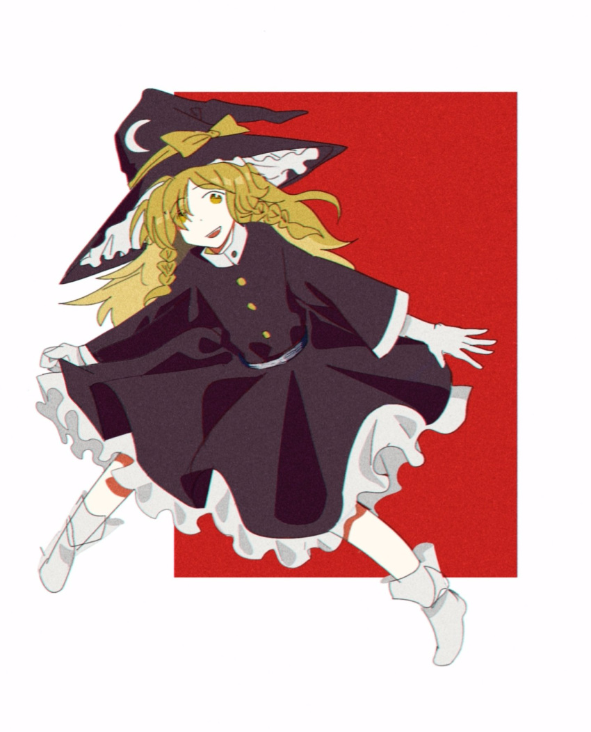 1girl black_dress black_headwear blonde_hair braid buttons cocopalm dress film_grain frilled_dress frills full_body gloves hat hat_ribbon highres kirisame_marisa kirisame_marisa_(pc-98) long_sleeves open_mouth ribbon sketch smile socks solo touhou touhou_(pc-98) white_gloves white_socks witch_hat yellow_eyes yellow_ribbon