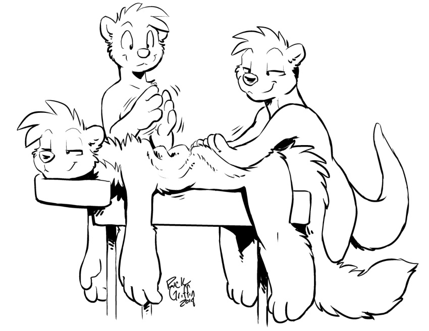 2023 anthro black_and_white fur group hair male mammal massage massage_table monochrome mustelid musteline nude rick_griffin smile trio true_musteline weasel