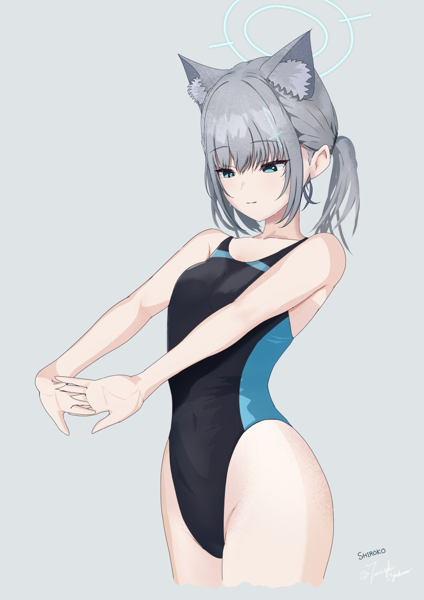 1girl absurdres animal_ear_fluff animal_ears black_one-piece_swimsuit blue_archive blue_eyes breasts commentary_request competition_swimsuit covered_navel cowboy_shot cropped_legs cross_hair_ornament extra_ears grey_background grey_hair hair_ornament halo highres low_ponytail medium_breasts medium_hair mismatched_pupils multicolored_clothes multicolored_swimsuit official_alternate_costume one-piece_swimsuit partial_commentary shiroko_(blue_archive) shiroko_(swimsuit)_(blue_archive) solo stretching swimsuit tsuzuki_yakumo wolf_ears
