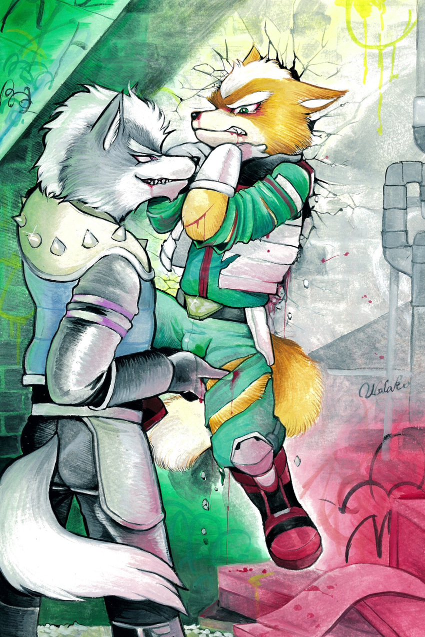 against_surface against_wall age_difference anthro blood blood_from_mouth blood_from_wound blood_in_mouth blood_on_arm blood_on_finger blood_on_ground bodily_fluids broken_wall canid canine canis clothed clothing dominant dominant_anthro dominant_male duo forced forced_groping fox fox_mccloud graffiti graffiti_on_wall grope groping_crotch hi_res lifting_from_ground male male/male mammal neck_grab nintendo nosebleed older_dom_younger_sub older_on_young sexual_harassment signature slammed star_fox struggling submissive submissive_anthro submissive_male tears torn_clothing touching_balls ulala_ko wolf wolf_o'donnell wounded