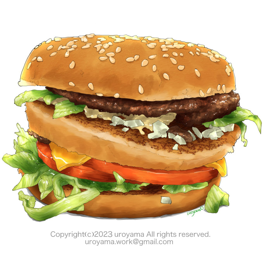 artist_name big_mac burger cheese copyright_notice email_address fast_food food highres lettuce meat no_humans original sauce sesame_seeds simple_background tomato uroyama_(macrophage) white_background