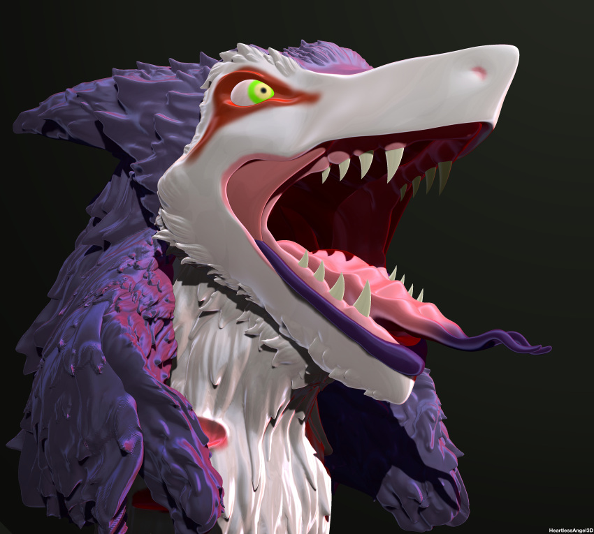 3d_(artwork) absurd_res ambiguous_gender black_background digital_media_(artwork) forked_tongue green_eyes hair headshot_portrait heartlessangel3d hi_res lips open_mouth pink_sclera portrait purple_hair purple_lips rain_silves sergal sharp_teeth simple_background solo teeth tongue yellow_eyes