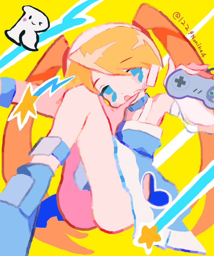 1girl :o ass bare_shoulders blonde_hair blue_dress blue_eyes clothing_cutout controller detached_sleeves dress full_body game_controller headphones headset heart_cutout highres holding holding_controller holding_game_controller knees_up long_hair looking_at_viewer noniha open_mouth rta-chan rta_in_japan sitting sleeveless sleeveless_dress solo star_(symbol) twintails twitter_username very_long_hair yellow_background