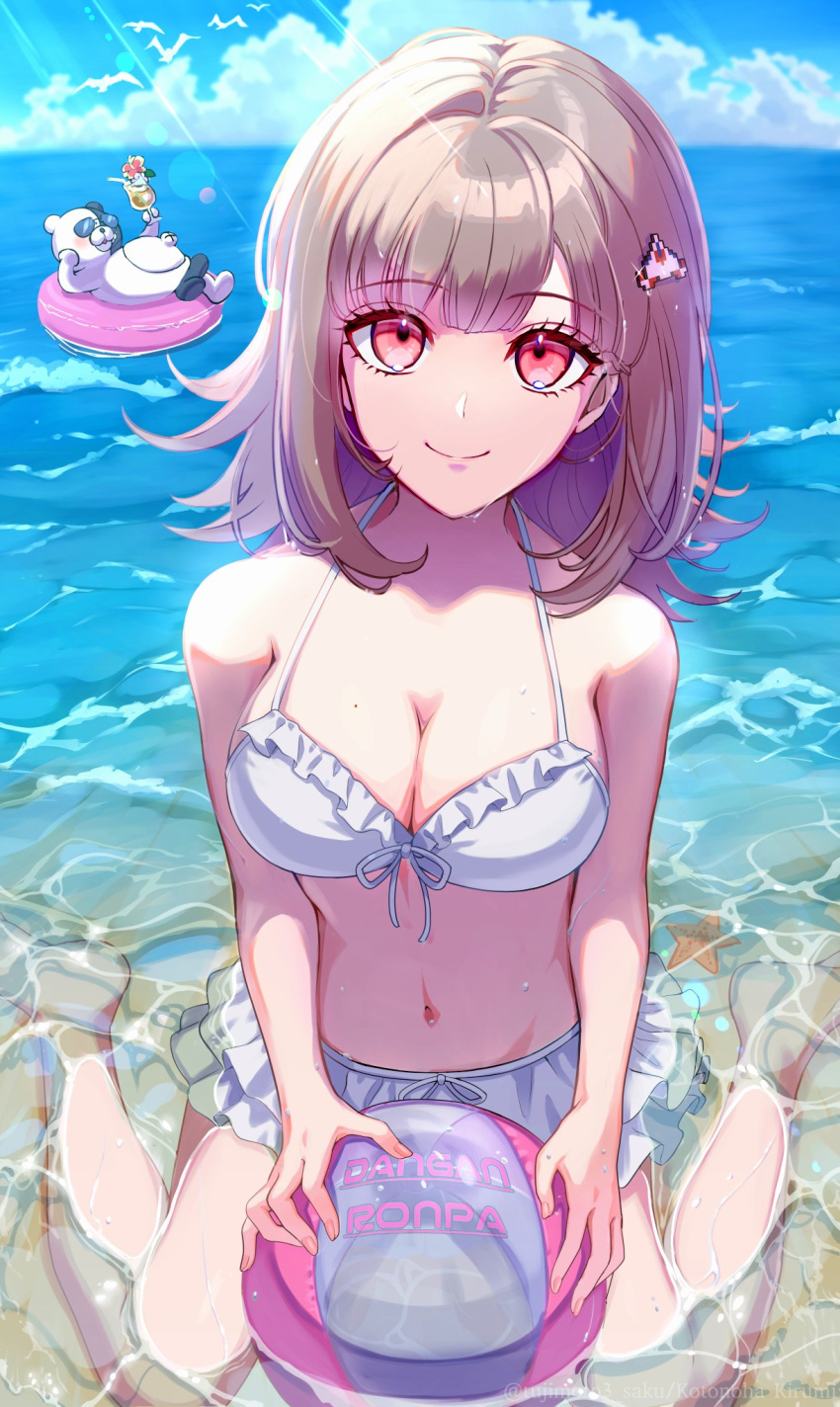 1girl animal ball bare_legs beach bikini bird breasts closed_mouth cloud cocktail copyright_name cup danganronpa_(series) danganronpa_2:_goodbye_despair galaga hair_ornament highres holding holding_cup innertube kusatakesi large_breasts medium_hair mole mole_on_breast monokuma nanami_chiaki navel ocean pink_eyes smile starfish stomach swimsuit water white_bikini