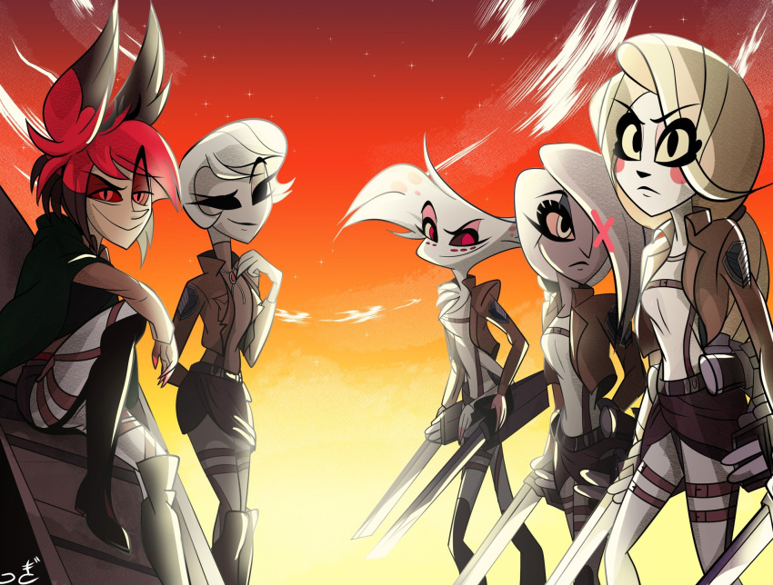 alastor_(hazbin_hotel) angel_dust animal_humanoid anthro arachnid arachnid_humanoid arthropod arthropod_humanoid attack_on_titan black_eyes blade bladed_weapon blonde_hair boots charlie_morningstar cheek_spots chest_tuft clothing cloudscape cosplay crossover crossover_cosplay demon demon_humanoid dusk eyelashes female footwear gear group hair hair_over_eye hazbin_hotel hi_res holding_object holding_weapon human humanoid jacket looking_at_viewer magicalma21 male mammal omni-directional_mobility_gear one_eye_obstructed pale_skin red_eyes red_hair rosie_(hazbin_hotel) signature sky smile smirk spider_humanoid topwear tuft uniform vaggie_(hazbin_hotel) weapon white_hair