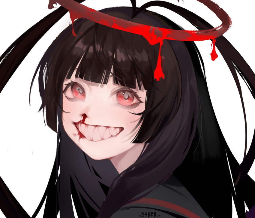 1girl black_hair black_sailor_collar black_serafuku blood blue_archive blunt_bangs commentary_request grin halo highres kaqkaq light_blush long_hair looking_at_viewer nosebleed portrait red_eyes sailor_collar school_uniform serafuku sharp_teeth sidelocks simple_background smile solo teeth tsurugi_(blue_archive) white_background