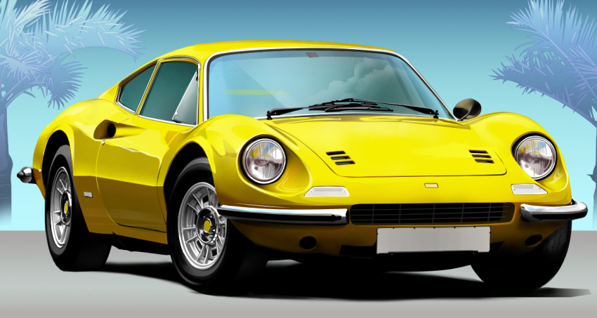 blue_sky car directman ferrari ferrari_dino motor_vehicle no_humans original outdoors palm_leaf reflection sky tree vehicle_focus yellow_car