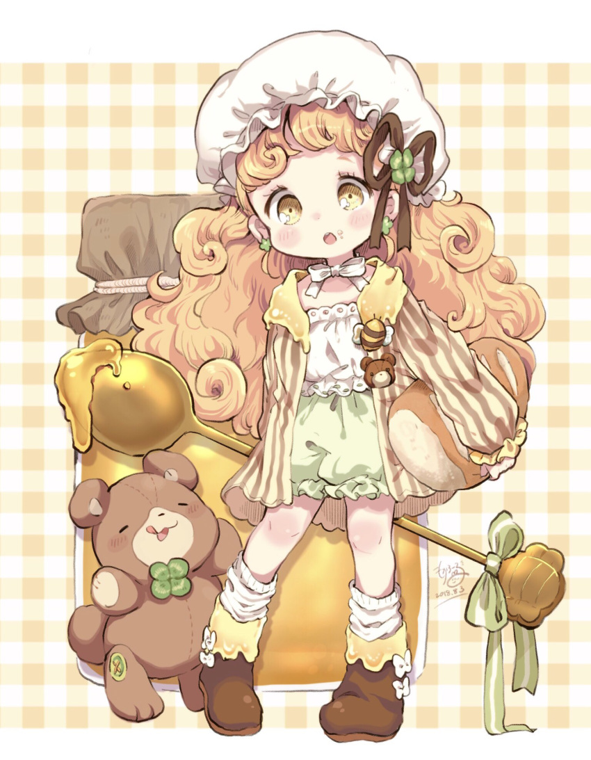 1girl ankle_socks ascot bear_pin bee_pin blonde_hair blush_stickers boots border bow bow_legwear bowtie bread brown_ascot brown_footwear brown_ribbon brown_sleeves child clover clover_hair_ornament collarbone commentary crumbs curly_hair dated eyelashes food four-leaf_clover frilled_hat frilled_shorts frilled_sleeves frills green_bow green_shorts hair_ornament hair_ribbon hat highres holding holding_food holding_spoon honey honey_day hood hood_down hooded_jacket jacket jar letterboxed long_hair long_sleeves looking_at_viewer mob_cap mokarooru multicolored_clothes multicolored_jacket open_clothes open_jacket open_mouth original oversized_food oversized_object plaid plaid_background puffy_long_sleeves puffy_shorts puffy_sleeves ribbon ribbon-trimmed_shirt shirt shorts signature sleeveless sleeveless_shirt sleeves_past_wrists socks solo spoon striped striped_jacket stuffed_animal stuffed_toy symbol-only_commentary teddy_bear teeth tongue two-tone_jacket two-tone_sleeves upper_teeth_only vertical-striped_jacket vertical-striped_sleeves vertical_stripes white_border white_bow white_bowtie white_headwear white_shirt white_socks yellow_background yellow_eyes yellow_hood yellow_jacket yellow_sleeves