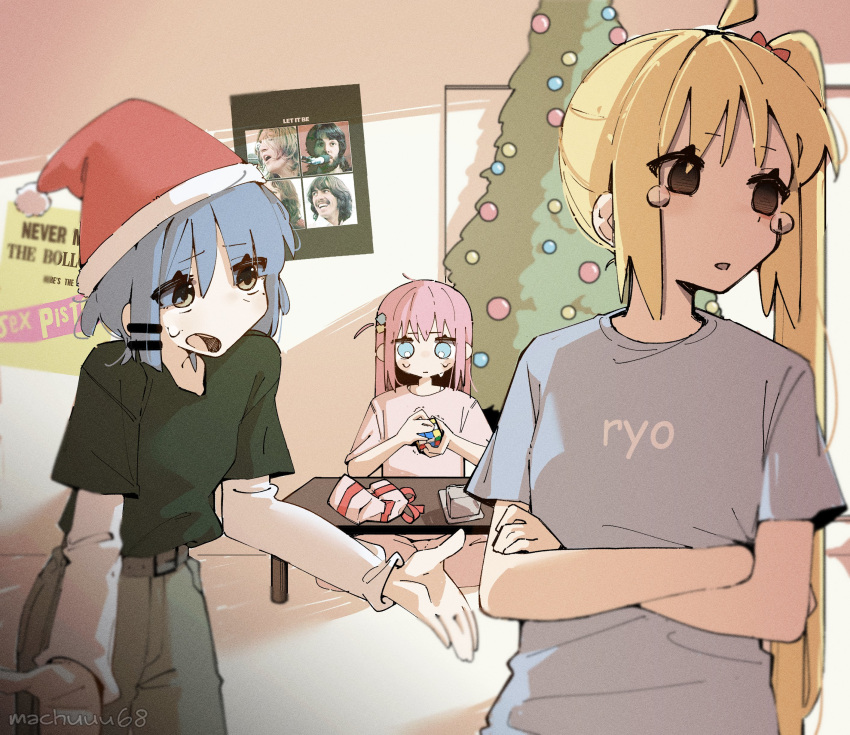 3girls absurdres ahoge blonde_hair blue_eyes blue_hair bocchi_the_rock! christmas_tree crossed_arms crying crying_with_eyes_open cube_hair_ornament empty_eyes gotoh_hitori hair_ornament hat highres ijichi_nijika machuuu68 medium_hair multiple_girls pink_hair rubik's_cube santa_hat side_ponytail sweatdrop tearing_up tears yamada_ryo