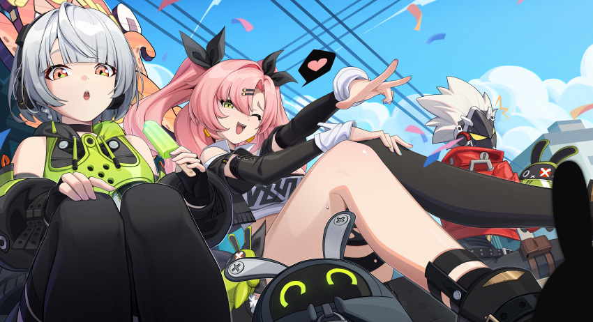1boy :o absurdres anby_demara bangboo_(zenless_zone_zero) bare_shoulders billy_kid black_ribbon breasts crop_top fingerless_gloves gloves green_eyes hair_ornament hair_ribbon hairclip headphones highres jacket jiachong_jun_z long_hair long_sleeves looking_at_viewer mask mole mole_on_breast mole_under_eye nicole_demara one_eye_closed pink_hair red_jacket ribbon short_hair single_thighhigh smile strapless thighhighs tube_top two_side_up white_hair zenless_zone_zero