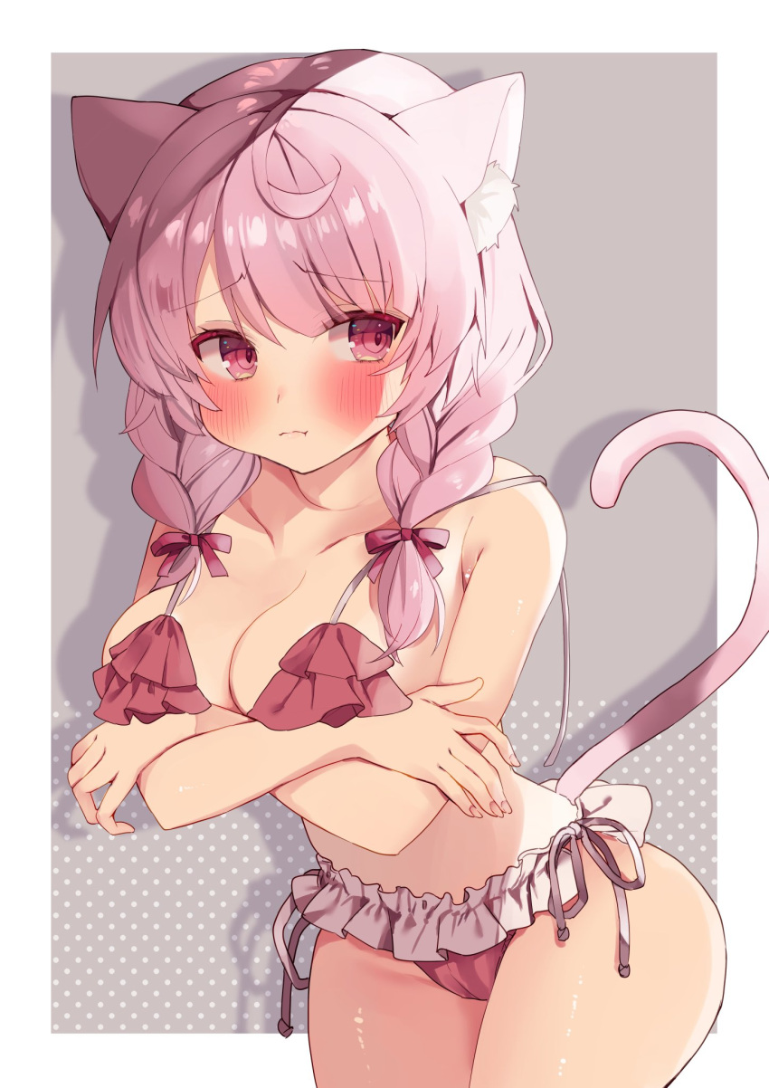 1girl ahoge alternate_costume animal_ear_fluff animal_ears averting_eyes bikini blush border braid breasts cameltoe cat_ears cat_girl cat_tail cleavage closed_mouth collarbone colored_eyelashes commentary_request commission covering_breasts covering_privates cowboy_shot crossed_arms drop_shadow ebihara_beniko fingernails frilled_bikini frills grey_background hair_ribbon highres indie_virtual_youtuber izumiya_konomi large_breasts leaning_forward long_hair looking_to_the_side outside_border pink_bikini pink_eyes pink_hair pink_ribbon polka_dot polka_dot_background pout ribbon second-party_source side-tie_bikini_bottom skeb_commission solo strap_slip swimsuit tail tail_raised thick_thighs thighs twin_braids twintails virtual_youtuber white_border