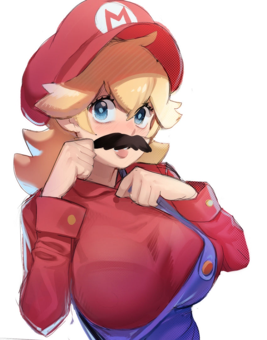 1girl ahoge blonde_hair blue_eyes blue_overalls blush bra bra_visible_through_clothes breasts buttons cabbie_hat clothes_writing cosplay fake_facial_hair fake_mustache hair_between_eyes hair_flaps hand_on_own_chest hat highres large_breasts lipstick long_sleeves looking_at_viewer makeup mario mario_(cosplay) mario_(series) medium_hair overalls pink_lips princess_peach red_headwear red_shirt shirt sho-n-d sidelocks simple_background solo underwear white_background