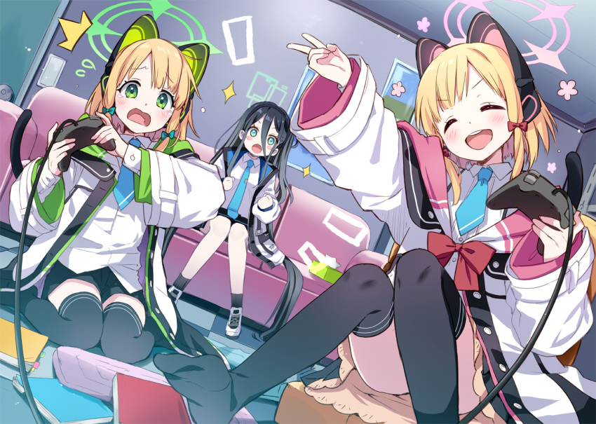 3girls ^^^ absurdly_long_hair animal_ear_headphones animal_ears aris_(blue_archive) ass black_hairband blonde_hair blue_archive blue_eyes blush blush_stickers bow cat_tail closed_eyes commentary eretto fake_animal_ears green_bow green_eyes green_halo hair_bow hairband halo headphones long_hair midori_(blue_archive) momoi_(blue_archive) multiple_girls one_side_up open_mouth pink_halo red_bow short_hair siblings sisters smile tail twins v very_long_hair