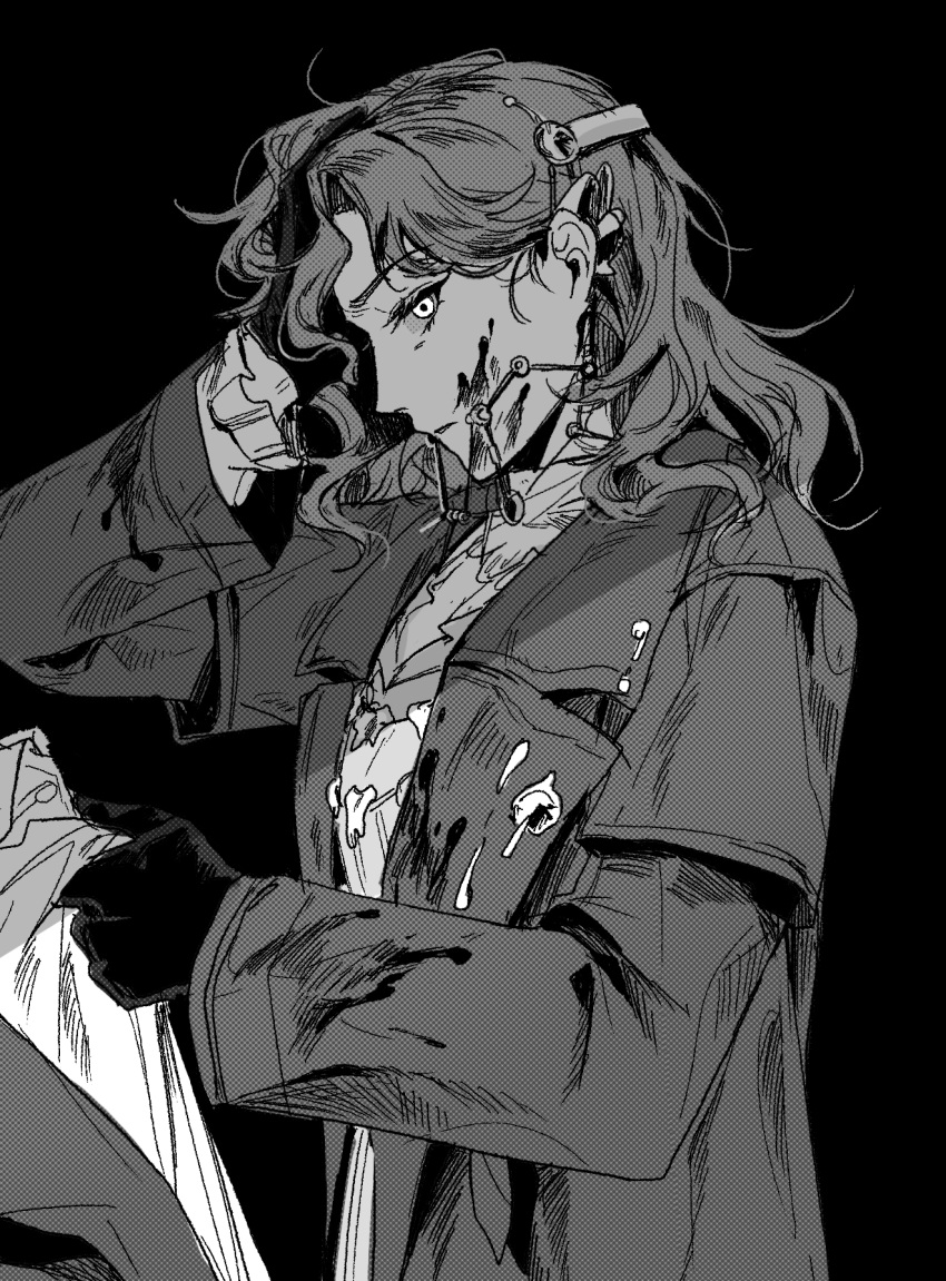 1girl 1other black_background blood blood_on_clothes blood_on_face braces closed_mouth coat collared_shirt dress gloves greyscale gyeol_124 highres long_hair long_sleeves looking_at_viewer monochrome reverse:1999 shirt shirt_grab solo_focus tooth_fairy_(reverse:1999)