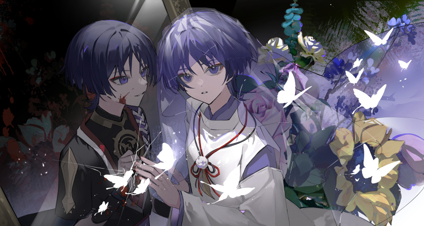 2boys absurdres blood blood_on_face bug butterfly different_reflection flower genshin_impact grin highres japanese_clothes looking_at_another looking_at_viewer male_focus mirror multiple_boys purple_eyes purple_hair reflection scaramouche_(genshin_impact) short_hair smile wanderer_(genshin_impact) xingxing_mei