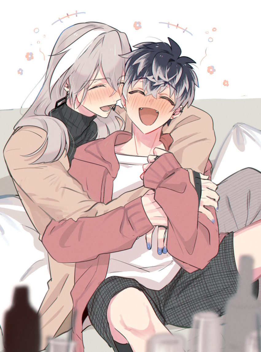 2boys bakibakifukkin black_hair black_shirt blue_nails blush brown_coat coat couch flower grey_background grey_hair highres hood hoodie hug idolish7 laughing long_hair long_sleeves male_focus momo_(idolish7) multicolored_hair multiple_boys on_couch open_mouth re:vale red_hoodie shirt short_hair turtleneck white_background white_hair white_shirt yaoi yuki_(idolish7)