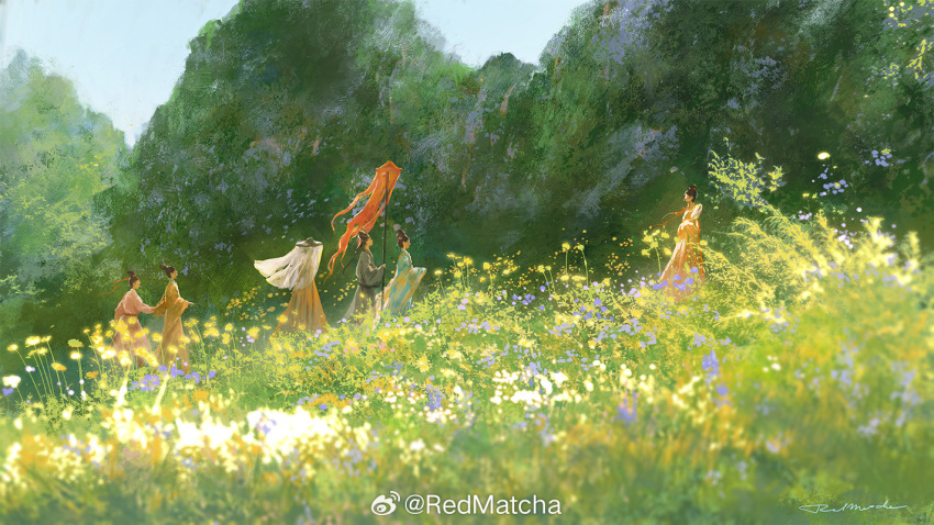 1boy 5girls black_hair blue_flower blue_rose blue_sky chinese_clothes chinese_commentary commentary_request day field flag flower flower_field from_side grass grey_robe hair_bun hair_ribbon hanfu hat holding holding_flag holding_hands long_hair long_sleeves looking_at_another multiple_girls orange_robe orange_sleeves original outdoors own_hands_together pink_flower pink_rose ponytail red_ribbon redmatcha ribbon robe rose short_hair signature single_hair_bun sky straw_hat tree very_long_hair watermark weibo_logo weibo_username white_veil wide_shot wide_sleeves yellow_robe