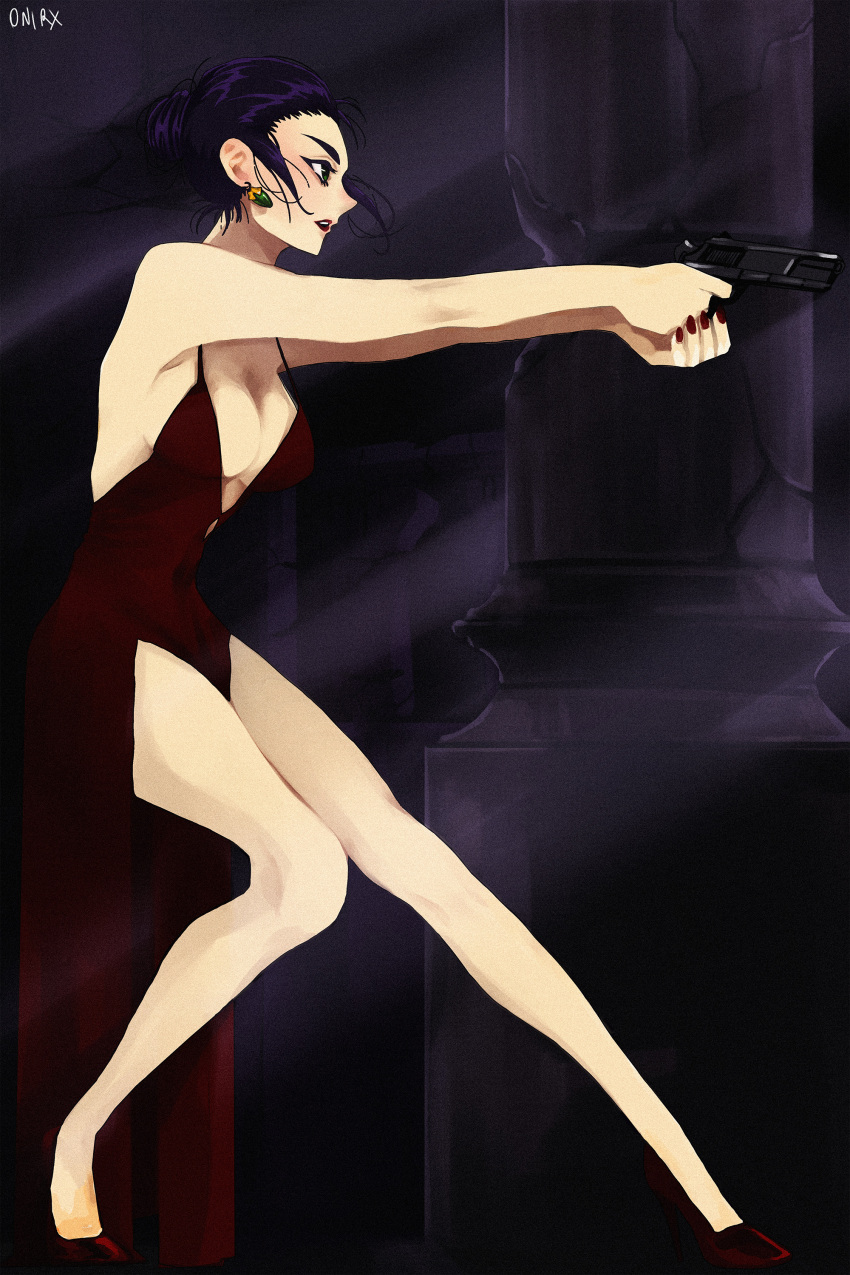 1girl absurdres breasts cowboy_bebop dress earrings faye_valentine green_eyes gun highres holding holding_gun holding_weapon jewelry lipstick makeup nail_polish onirx purple_hair red_dress red_footwear scene_reference solo weapon