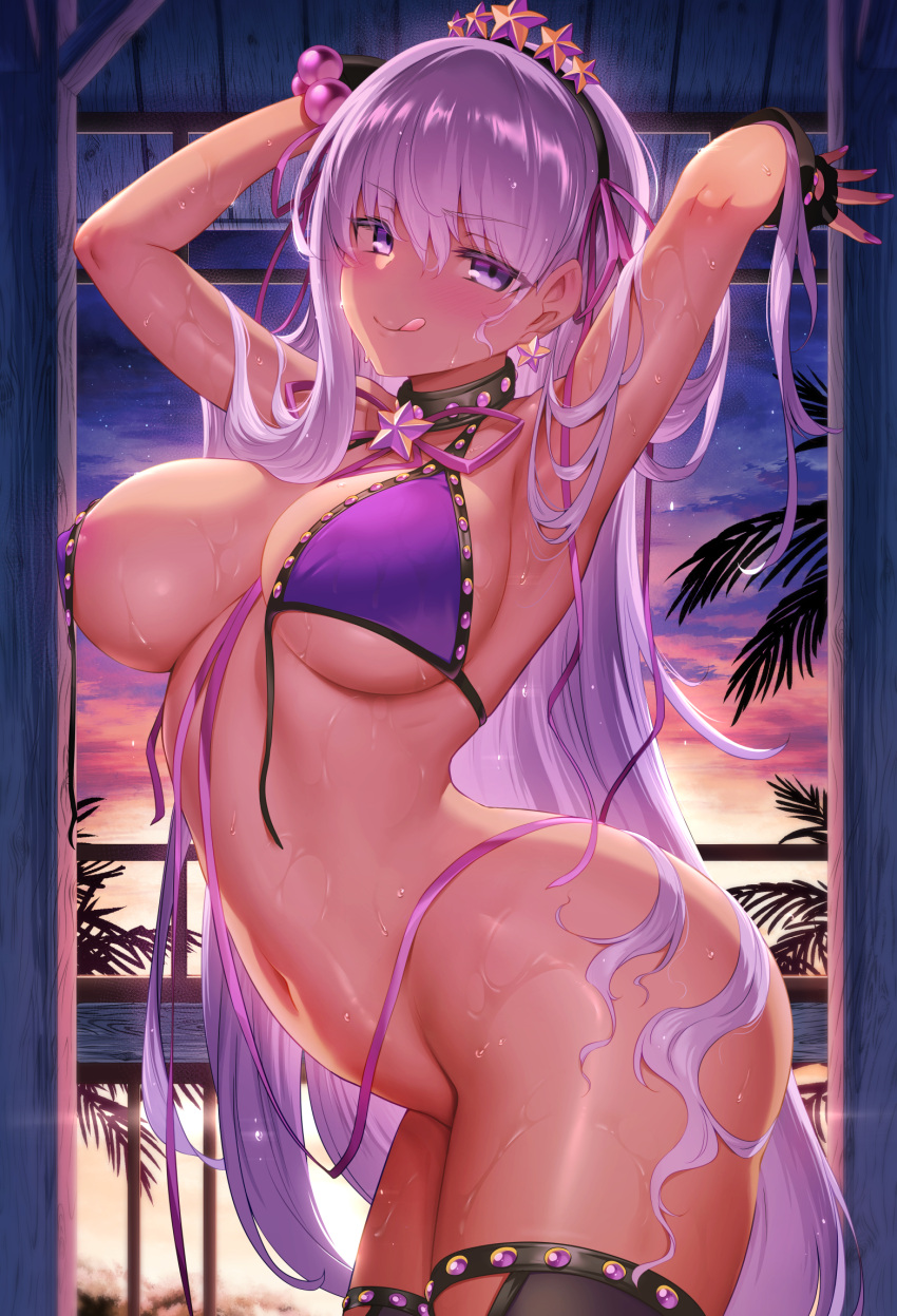 1girl areola_slip armpits arms_up bare_shoulders bb_(fate) bb_(swimsuit_mooncancer)_(fate) bb_(swimsuit_mooncancer)_(second_ascension)_(fate) bead_bracelet beads bikini bikini_top_only black_gloves black_thighhighs blush bracelet breasts cleavage collarbone dark-skinned_female dark_skin fate/grand_order fate_(series) fingerless_gloves gloves gradient_sky hair_ornament hair_ribbon hairband highres jewelry large_breasts licking_lips long_hair looking_at_viewer m-da_s-tarou navel neck_ribbon orange_sky palm_tree purple_bikini purple_eyes purple_hair purple_sky ribbon sky smile solo star_(symbol) star_hair_ornament sunset swimsuit tan thighhighs thighs tongue tongue_out tree twilight very_long_hair wet