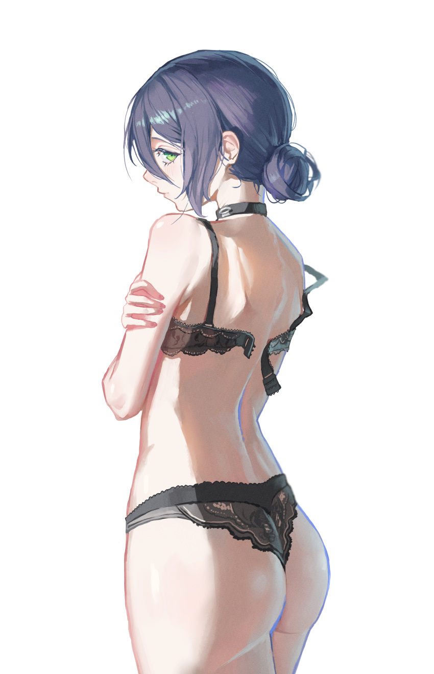 1girl absurdres ass back black_bra black_choker black_panties blue_hair blush bra chainsaw_man choker commentary dark_blue_hair dotthebot hair_bun highres lingerie looking_at_viewer median_furrow panties profile reze_(chainsaw_man) sideways_glance simple_background single_hair_bun solo underwear underwear_only undone_bra white_background