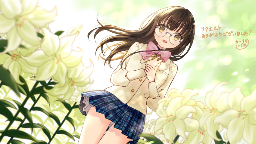 1girl blunt_bangs blurry blurry_background bokeh bow bowtie breasts brown_hair buttons clothes_lift commentary_request commission dated_commentary depth_of_field fingernails floating_hair floral_background glasses hands_on_own_chest highres jacket long_hair looking_at_viewer medium_breasts open_mouth original osumi_izumi pink_bow pink_bowtie plaid plaid_skirt pleated_skirt pocket_watch school_uniform signature skeb_commission skirt skirt_lift smile translated uniform watch wind yellow_eyes yellow_jacket