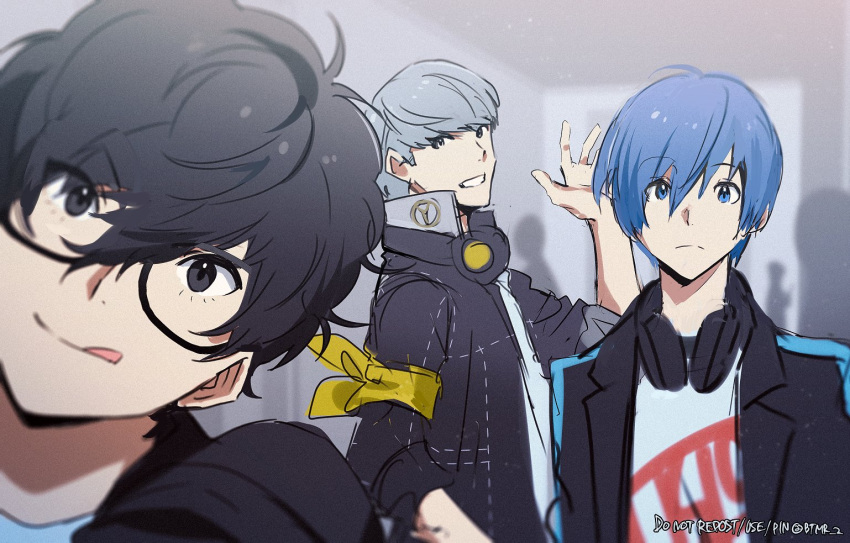 3boys :q amamiya_ren armband black-framed_eyewear black_eyes black_hair black_jacket blue_eyes blue_hair btmr_game closed_mouth glasses grey_hair hair_between_eyes headphones headphones_around_neck jacket looking_at_viewer male_focus multiple_boys narukami_yuu open_clothes open_jacket persona persona_3 persona_3:_dancing_moon_night persona_4 persona_4:_dancing_all_night persona_5 persona_5:_dancing_star_night persona_dancing shirt sketch tongue tongue_out upper_body waving yuuki_makoto