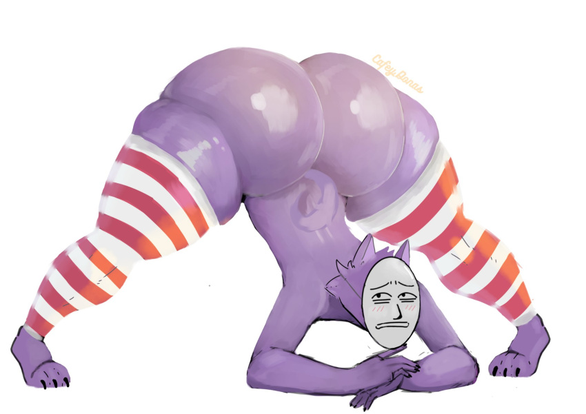 anthro big_butt big_legs butt cafe_ydonas canid canine canis clothing footwear fur hi_res jack-o'_pose kedamono_(popee_the_performer) knee_highs knee_socks legwear male mammal mask paws popee_the_performer pose purple_body purple_fur shy socks solo wide_hips wolf