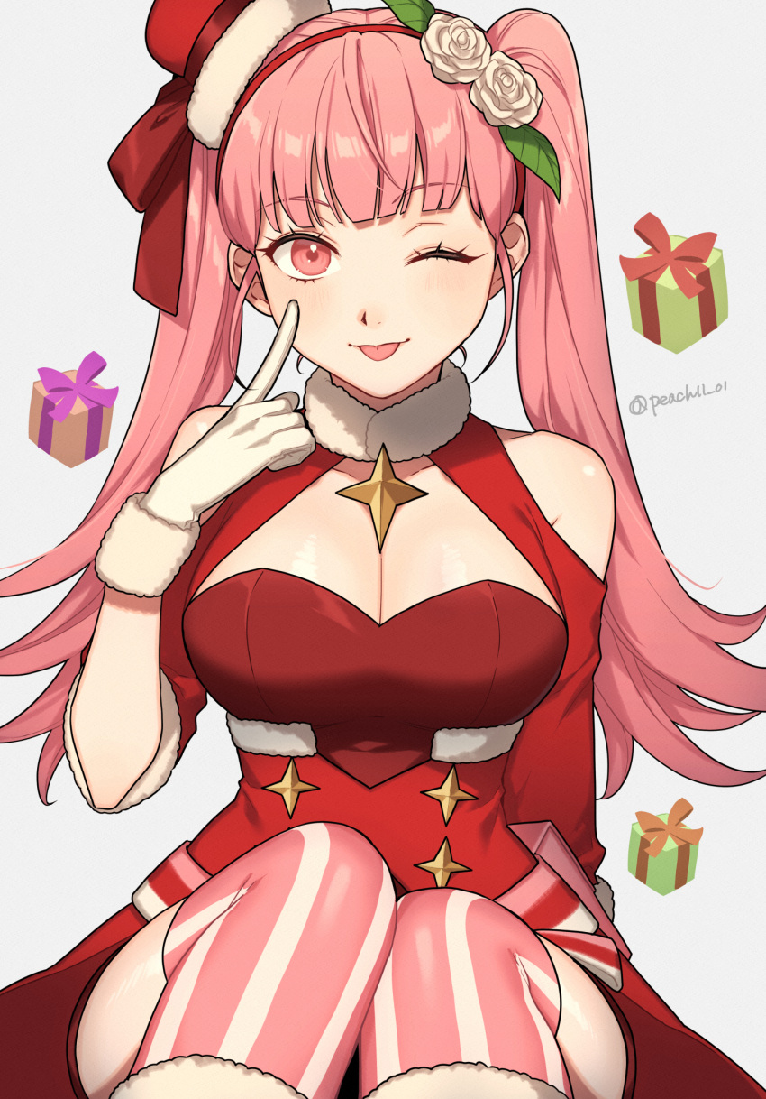 1girl ;) ;p bare_shoulders blunt_bangs box breasts christmas cleavage clothing_cutout commentary_request fire_emblem fire_emblem:_three_houses fire_emblem_heroes gift gift_box gloves grey_background hairband highres hilda_valentine_goneril large_breasts long_hair looking_at_viewer official_alternate_costume one_eye_closed peach11_01 pink_eyes pink_hair pink_thighhighs red_hairband shoulder_cutout simple_background sitting smile solo striped striped_thighhighs thighhighs tongue tongue_out twintails vertical-striped_thighhighs vertical_stripes very_long_hair white_gloves