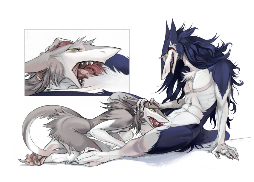 anthro butt butt_fluff claws clitoral_hood cunnilingus dominant dominant_female duo female genitals hair hand_on_head hi_res long_hair oral prehensile_clitoral_hood pussy raesheris rain_silves sergal sex sitting smile teeth tek_jirral toe_claws vaginal