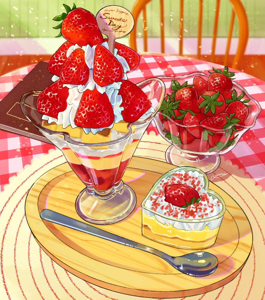 chair dessert food food_focus fruit highres ice_cream indoors miri_illust no_humans notebook original spoon strawberry table tray whipped_cream wooden_chair wooden_tray