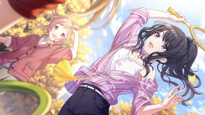 autumn autumn_leaves badminton badminton_racket bare_shoulders belt black_hair blue_sky blurry blurry_foreground brown_eyes buttons camisole choker collarbone collared_shirt day dot_nose dress_shirt falling_leaves floating_hair friends ginkgo_leaf ginkgo_tree hachimiya_meguru happy highres holding holding_racket idolmaster idolmaster_shiny_colors idolmaster_shiny_colors_song_for_prism illumination_stars_(idolmaster) kazano_hiori leaf light_brown_hair long_hair looking_at_another mole mole_under_mouth multiple_girls official_alternate_hairstyle official_art open_mouth outdoors pants pinstripe_pattern pinstripe_shirt playing_sports pleated_skirt pocket ponytail purple_eyes racket sakuragi_mano shirt shirt_tucked_in sidelocks skirt sky sleeves_rolled_up smile striped striped_shirt sweater swept_bangs teeth tree upper_teeth_only vertical-striped_shirt vertical_stripes white_camisole