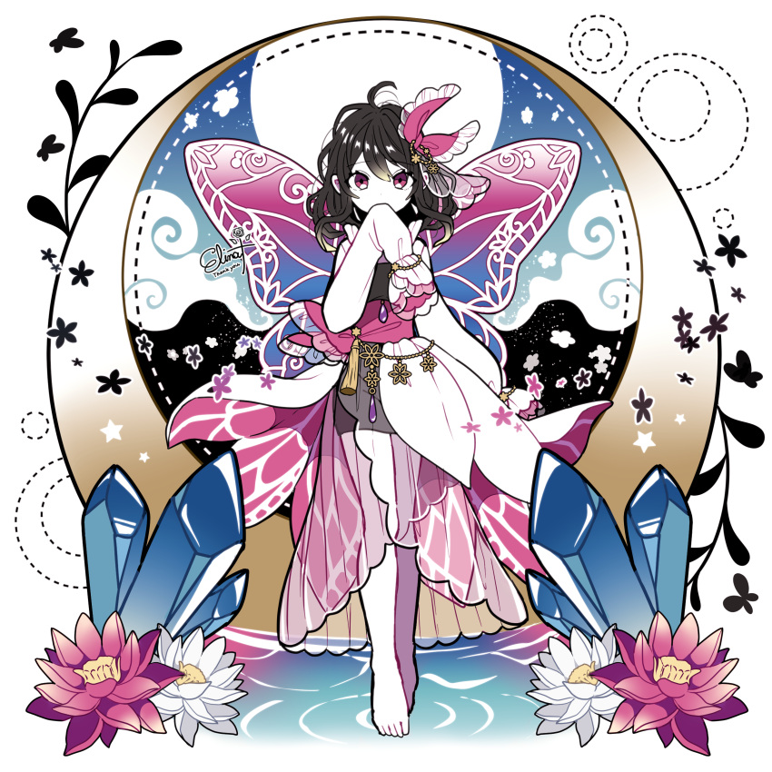 1girl absurdres ahoge artist_name bare_legs barefoot black_hair blonde_hair blue_gemstone blue_wings butterfly_wings colored_tips commentary covered_mouth covering_mouth crystal dress elina_(e2n04n) english_commentary flower full_body gem gradient_hair gradient_wings hair_between_eyes hair_ornament hand_up highres insect_wings looking_at_viewer medium_hair multicolored_hair multicolored_wings original pink_eyes pink_flower pink_wings purple_gemstone see-through see-through_dress sleeves_past_fingers sleeves_past_wrists solo tassel thank_you water water_lily_flower white_dress white_flower wings