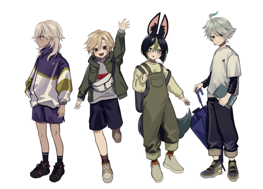 4boys aged_down ahoge animal_ears black_footwear black_hair blonde_hair book character_request child chongyun_(genshin_impact) closed_mouth commentary_request cyno_(genshin_impact) dark-skinned_male dark_skin fox_ears genshin_impact grey_hair hair_between_eyes highres holding holding_book holding_umbrella jacket long_hair long_sleeves looking_at_viewer looking_to_the_side lyney_(genshin_impact) male_focus multicolored_hair multiple_boys no6_gnsn outstretched_arm overalls red_eyes short_hair shorts simple_background smile tail tighnari_(genshin_impact) umbrella white_hair