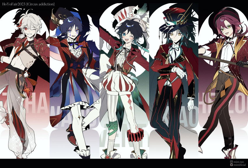 5boys :d ;d absurdres alternate_costume ankle_boots antenna_hair aqua_eyes aqua_hair argyle arm_out_of_sleeve asymmetrical_clothes barefoot beckoning belt black_border black_bow black_bowtie black_capelet black_choker black_gloves black_hair black_headwear black_pants black_ribbon blue_footwear boots border bow bowtie braid brown_belt brown_pants button_gap cape capelet card center_frills character_name choker closed_mouth coat collared_shirt colored_inner_hair column_lineup commentary crop_top cross-laced_footwear crossed_bangs cuff_links double-parted_bangs english_commentary english_text expressionless eyeshadow facial_mark feet_out_of_frame fingerless_gloves foot_wraps forehead_mark frilled_footwear frilled_shirt_collar frilled_shorts frilled_sleeves frills full_body genshin_impact gloves gold_trim gradient_clothes gradient_hair gradient_hat gradient_pants green_eyes green_hair green_ribbon grey_footwear grey_shirt hair_between_eyes hair_intakes harness hat hat_feather hat_ornament high_heel_boots high_heels highres hip_vent holding holding_knife holding_stick instagram_username jacket jester jester_cap juliet_sleeves kaedehara_kazuha knife lapels leaf leg_ribbon leggings letterboxed long_sleeves looking_at_viewer low_ponytail makeup male_focus maple_leaf medium_hair midriff mint-tan mole mole_under_eye multicolored_hair multiple_boys multiple_moles neck_ribbon notched_lapels one_eye_closed outstretched_arm outstretched_arms pants pantyhose parted_bangs pinstripe_pants pinstripe_pattern playing_card pointy_footwear pom_pom_(clothes) print_shirt puffy_shorts puffy_sleeves purple_eyes purple_hair purple_shorts red_cape red_coat red_eyes red_eyeshadow red_hair red_headwear red_jacket red_pants red_ribbon red_vest ribbon rope scaramouche_(genshin_impact) see-through_pants shadow shikanoin_heizou shirt shoes short_hair short_hair_with_long_locks shorts side_braids sidelocks sleeve_cuffs sleeve_garter sleeveless sleeveless_shirt sleeves_rolled_up smile socks spikes spotlight spread_arms standing standing_on_one_leg stick streaked_hair striped striped_headwear striped_leggings striped_ribbon striped_shorts suspenders tailcoat tassel teeth thigh_strap tilted_headwear top_hat twitter_username two-sided_cape two-sided_coat two-sided_fabric two-sided_jacket venti_(genshin_impact) vertical-striped_headwear vertical_stripes vest waist_bow wanderer_(genshin_impact) white_background white_bow white_cape white_footwear white_gloves white_hair white_headwear white_leggings white_pants white_pantyhose white_ribbon white_shirt white_shorts white_socks xiao_(genshin_impact) yellow_eyes