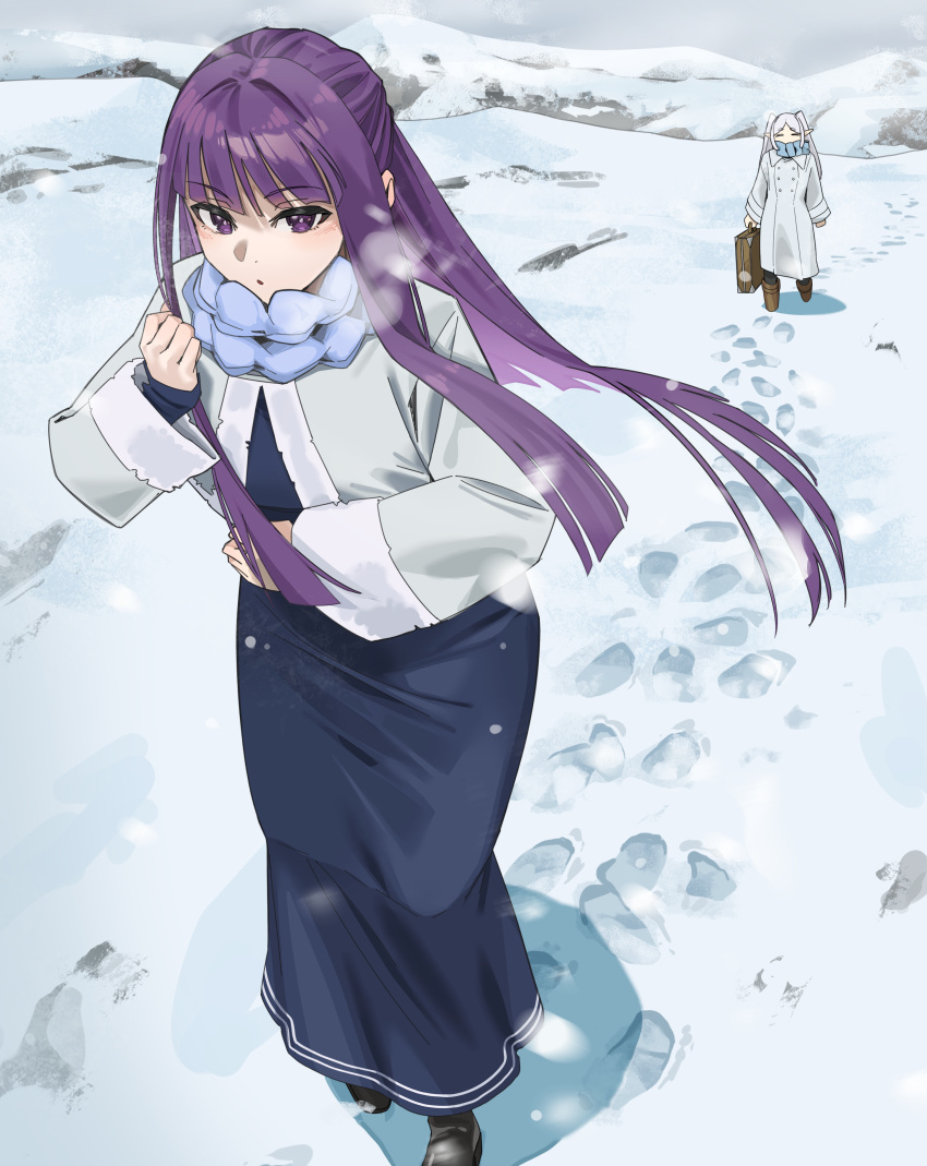 2girls absurdres blunt_bangs breath coat cold elf fern_(sousou_no_frieren) footprints frieren highres lewdrawings long_hair long_sleeves multiple_girls official_alternate_costume parted_bangs pointy_ears purple_hair purple_pupils scarf shoe_print snow snowing sousou_no_frieren straight_hair twintails white_coat winter winter_clothes winter_coat