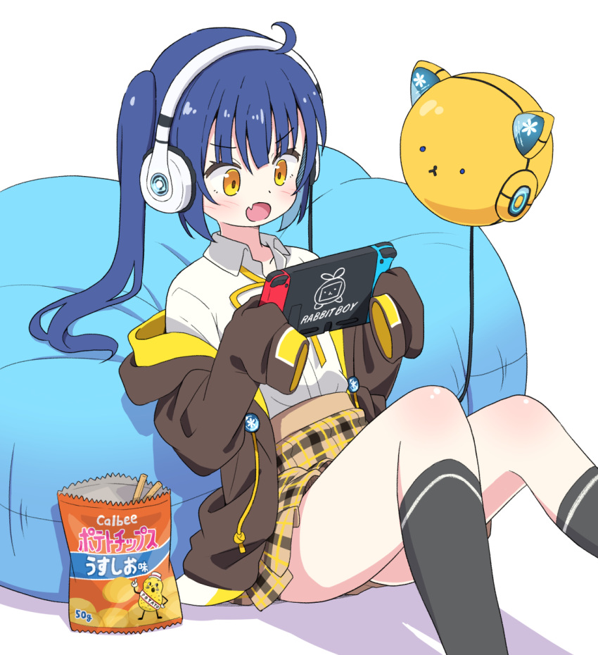 1girl ahoge alternate_hair_length alternate_hairstyle bag bean_bag_chair black_socks blue_hair blunt_bangs brown_jacket clockwork_rabbit collared_shirt commentary_request fang flat_chest food gochuumon_wa_usagi_desu_ka? handheld_game_console headphones high-waist_skirt highres holding holding_handheld_game_console jacket jouga_maya kneehighs light_blush long_hair mohei neck_ribbon nintendo_switch non-humanoid_robot off_shoulder open_clothes open_jacket partial_commentary plaid plaid_skirt pleated_skirt ribbon robot shirt side_ponytail sidelocks sitting skin_fang skirt sleeves_past_wrists socks thighs white_shirt yellow_eyes yellow_ribbon yellow_skirt