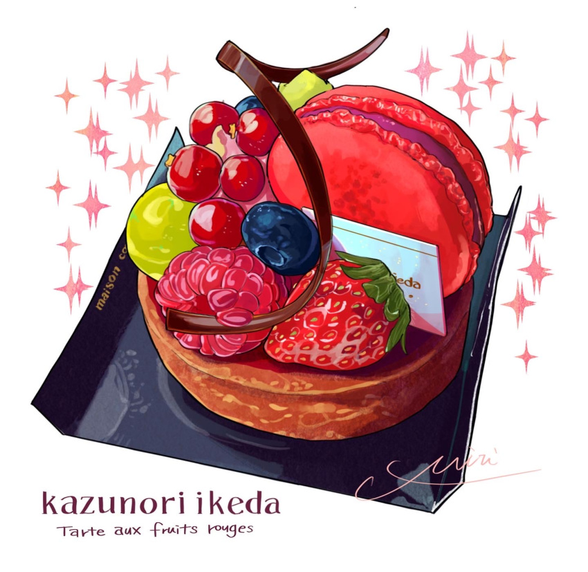 blueberry cake cherry chocolate dessert food food_focus fruit highres macaron miri_illust no_humans original raspberry strawberry tart_(food)